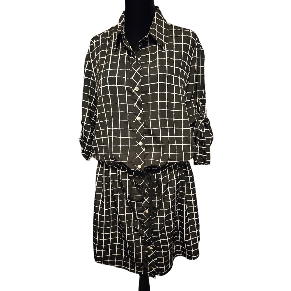 Daisy Fuentes Black and White Windowpane Check Shirtdress Medium